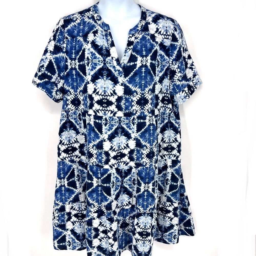 Chicos Womens Midi Tiered Blue Tie Dye Cotton Dress Chicos Size 4 (20)